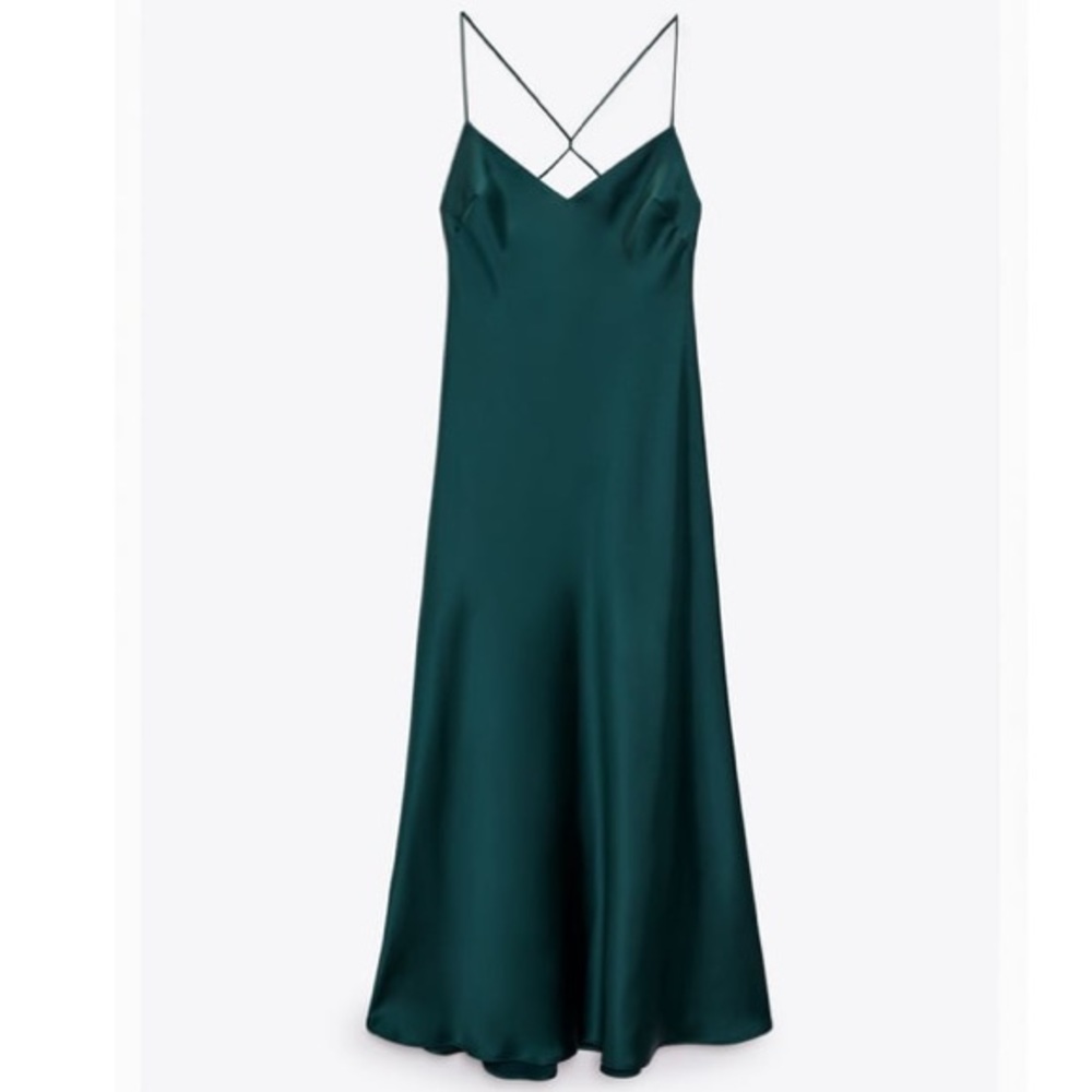 NWOT Zara Teal Satin Slip Midi Dress with Crisscross Straps